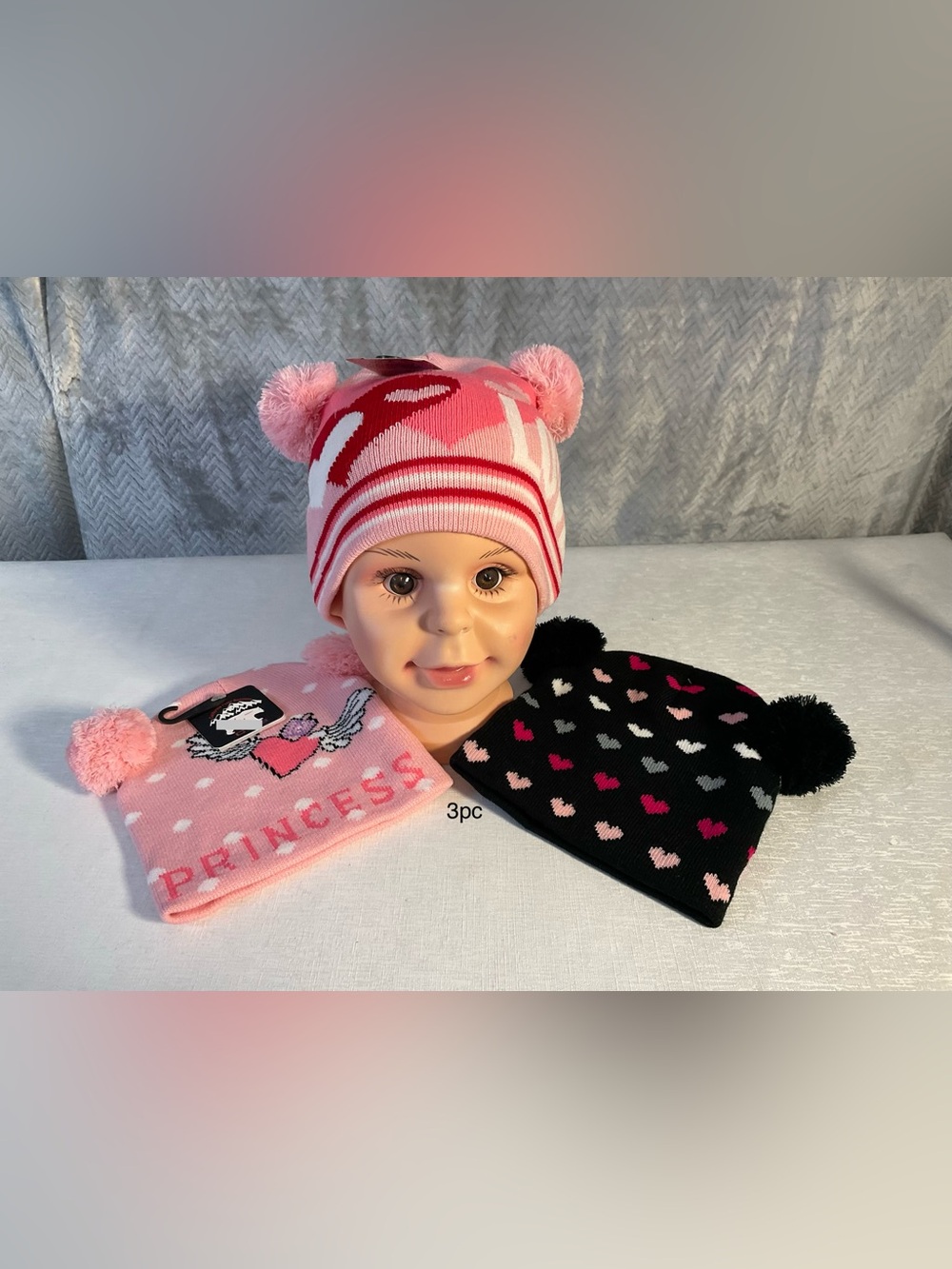Kids Pink Pom-Pom Beanie Hat - 3pc Set